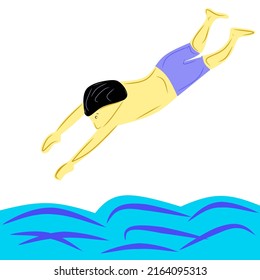 vector graphic illustration of youth style free jump into swimming pool, sea, summer, swimming sports, concept, school holidays.