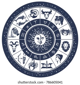 Vektorgrafik - zodiaktischer Astrologie-Kreis mit zodiaktischen Zeichen.
Aries, Taurus, Gemini, Krebs, Leo, Virgo, Libra, Scorpio, Sagittarius, Capricorn, Aquarius, Pisces.