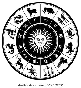 Vector graphic illustration of Zodiac circle with horoscope signs. Astrological symbols: 
Aries; Taurus; Gemini; Cancer; Leo; Virgo; Libra; Scorpio; Sagittarius; Capricorn; Aquarius and Pisces.