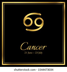 Vector graphic illustration of Zodiac sign of Cancer with date and month. Gold effect.