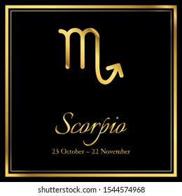 Vector graphic illustration of Zodiac sign of Scorpio with date and month. Gold effect.
