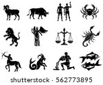 Vector graphic illustration of zodiac signs.  All zodiac signs in silhouettes concept: 
Aries; Taurus; Gemini; Cancer; Leo; Virgo; Libra; Scorpio; Sagittarius; Capricorn; Aquarius and Pisces.