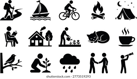 Vector graphic illustrations depicting various human activities and leisure pursuits in a simple, clean icon style for diverse applications.