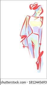 vector graphic image of a beautiful young slim girl in a business suit with a bag for design background