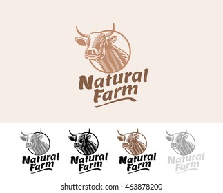 Vector graphic image of a cow's head with the words natural farm.