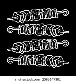 Vector graphic image of four white kebabs on a black background