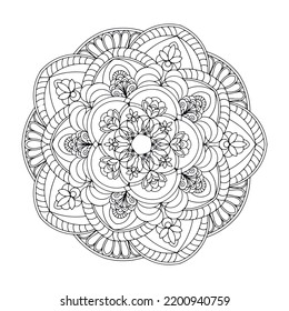 Vector, imagen gráfica de una mandala. Hecho con líneas negras sobre un fondo blanco. Un adorno sencillo para colorear, un diseño de colores para los niños, un dibujo antiestrés.