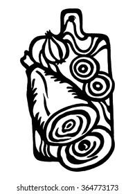 Vector graphic image of meat on chopping board with vegetables. logo for the  menu restaurant.
