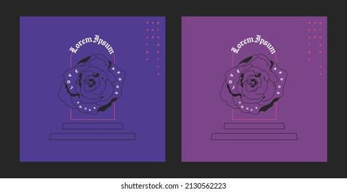 Vector graphic image presented in two color options. Line Art roses in an arch with bright graphic elements and text