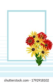 Vector graphic image of red zinnia and yellow rudbeckia flowers on white background. Post card with text space.