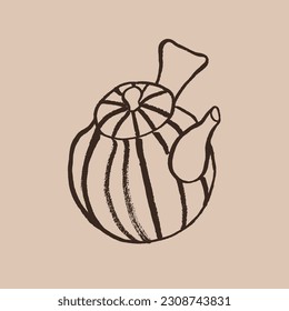 Imagen vectorial de una tetera oriental tradicional. China, Japón, ceremonia del té. Antiguo tradición, boceto, doodle, caligrafía, marrón en beige. Eps10