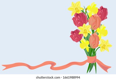 Vector graphic image of tulip flower. Blue background with tulips.