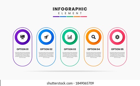 Vector Graphic Infographic Element Design Icon Templates with 5 Options or Steps. Can be used for Process Diagram, Presentations, Workflow Layout, Banner, Flow Chart, Infographic.