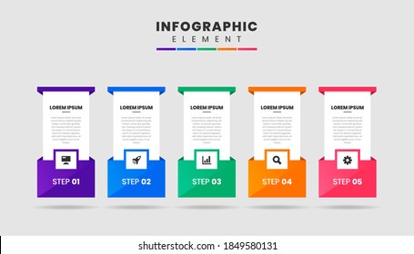 Vector Graphic Infographic Element Design Icon Templates with 5 Options or Steps. Can be used for Process Diagram, Presentations, Workflow Layout, Banner, Flow Chart, Infographic.