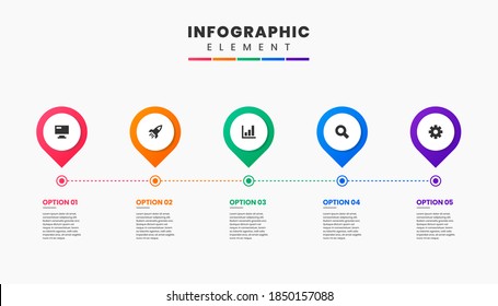 Vector Graphic Infographic Element Design Icon Templates with 5 Options or Steps. Can be used for Process Diagram, Presentations, Workflow Layout, Banner, Flow Chart, Infographic.