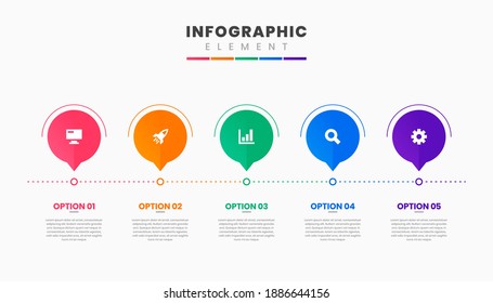 Vector Graphic Infographic Element Design Icon Templates with 5 Options or Steps. Can be used for Process Diagram, Presentations, Workflow Layout, Banner, Flow Chart, Infographic.