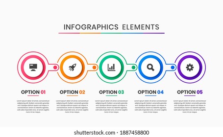 Vector Graphic Infographic Element Design Icon Templates with 5 Options or Steps. Can be used for Process Diagram, Presentations, Workflow Layout, Banner, Flow Chart, Infographic.
