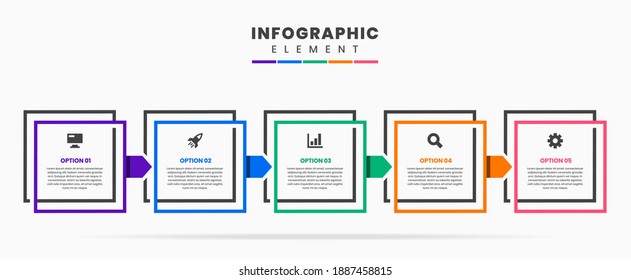 Diseñar plantillas de iconos de diseño de elementos gráficos vectoriales con 5 opciones o pasos. Se puede utilizar para diagrama de procesos, presentaciones, diseño de flujo de trabajo, cartel, diagrama de flujo, infografía.