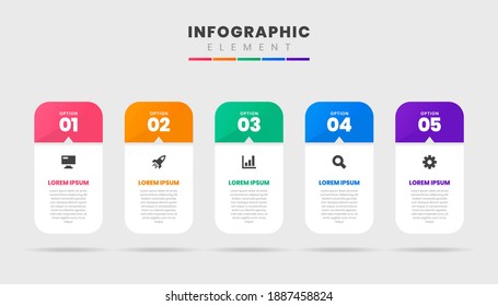 Vector Graphic Infographic Element Design Icon Templates with 5 Options or Steps. Can be used for Process Diagram, Presentations, Workflow Layout, Banner, Flow Chart, Infographic.