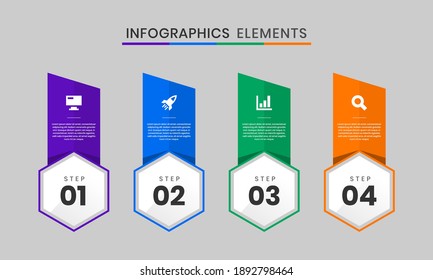 Gráfica vectorial de las plantillas de diseño de elementos infográficos con iconos y 4 opciones o pasos. Adecuado para Diagrama de Procesos, Presentaciones, Diseño de Flujo de Trabajo, Cartel, Gráfico de Flujo, Infografía.