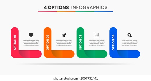 Gráfica vectorial de las plantillas de diseño de elementos infográficos con iconos y 4 opciones o pasos. Adecuado para Diagrama de Procesos, Presentaciones, Diseño de Flujo de Trabajo, Cartel, Gráfico de Flujo, Infografía.