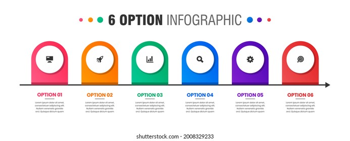 Gráfica vectorial de las plantillas de diseño de elementos infográficos con iconos y 6 opciones o pasos. Adecuado para Diagrama de Procesos, Presentaciones, Diseño de Flujo de Trabajo, Cartel, Gráfico de Flujo, Infografía.