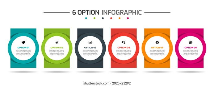 Vektorgrafik von Infografik-Elementdesign-Vorlagen mit Symbolen und 6 Optionen oder Schritten. Geeignet für Prozessdiagramm, Präsentationen, Workflow Layout, Banner, Flow Chart, Infografik.