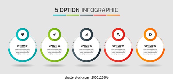Gráfica vectorial de las plantillas de diseño de elementos infográficos con iconos y 5 opciones o pasos. Adecuado para Diagrama de Procesos, Presentaciones, Diseño de Flujo de Trabajo, Cartel, Gráfico de Flujo, Infografía.