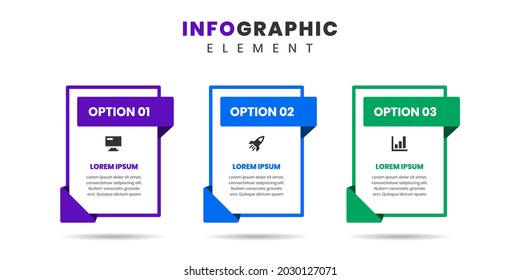 Gráfica vectorial de las plantillas de diseño de elementos infográficos con iconos y 3 opciones o pasos. Adecuado para Diagrama de Procesos, Presentaciones, Diseño de Flujo de Trabajo, Cartel, Gráfico de Flujo, Infografía.