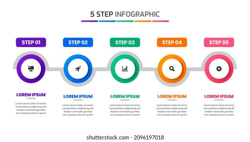 Gráfica vectorial de las plantillas de diseño de elementos infográficos con iconos y 5 pasos. Adecuado para Diagrama de Procesos, Presentaciones, Diseño de Flujo de Trabajo, Cartel, Gráfico de Flujo, Infografía.