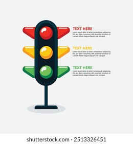 Vector graphic of an infographic traffic light sign in yellow, red, and green. Ideal for presentations and campaigns. Features stop, warning, and go symbols in a clear, engaging design
