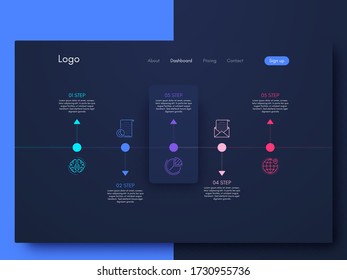 Infografía gráfica vectorial. Plantilla para crear aplicaciones móviles, diseño de flujo de trabajo, diagrama, banner, diseño web, infografía de negocios. Vector de acciones