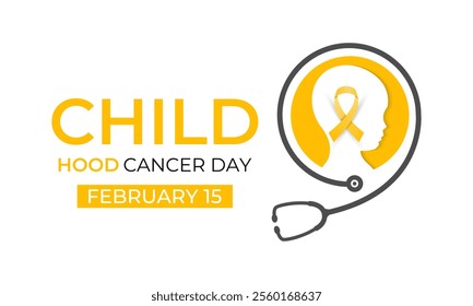 Vector graphic of International Childhood Cancer day is observed every year on February 15. Realistic ribbon with child and stethoscope Banner poster, flyer and background design. Vector illustration.