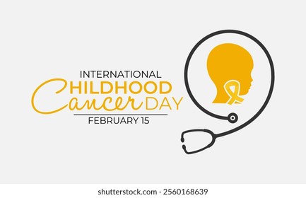 Vector graphic of International Childhood Cancer day is observed every year on February 15. Realistic ribbon with child and stethoscope Banner poster, flyer and background design. Vector illustration.