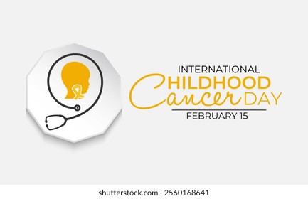 Vector graphic of International Childhood Cancer day is observed every year on February 15. Realistic ribbon with child and stethoscope Banner poster, flyer and background design. Vector illustration.