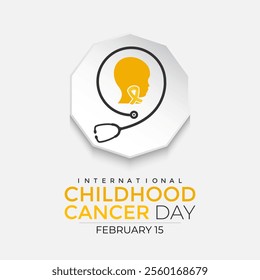 Vector graphic of International Childhood Cancer day is observed every year on February 15. Realistic ribbon with child and stethoscope Banner poster, flyer and background design. Vector illustration.