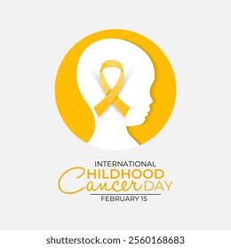 Vector graphic of International Childhood Cancer day is observed every year on February 15. Realistic ribbon with child and stethoscope Banner poster, flyer and background design. Vector illustration.