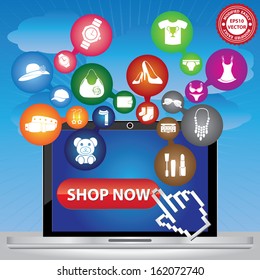 Vector : Graphic For Internet and Online Business Present By Computer Laptop With Group of Colorful Fashion Icon in Blue Sky Background