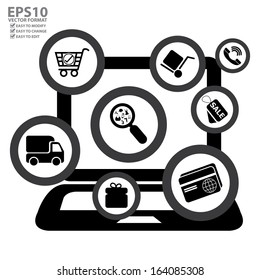 Vector : Graphic For Internet and Online Business Present By Group of Black E-Commerce Icon With Computer Laptop Isolated on White Background