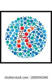 Vector graphic of Ishihara color test or Color blind test design. The Letter K cunningly hid inside an Ishihara inspired design. A color blindness test shaped color test plate with the Letter K.
