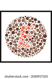 Vector graphic of Ishihara color test or Color blind test design. The Letter E cunningly hid inside an Ishihara inspired design. A color blindness test shaped color test plate with the Letter E. 
