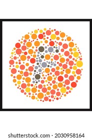 Vector graphic of Ishihara color test or Color blind test design. The Letter F cunningly hid inside an Ishihara inspired design. A color blindness test shaped color test plate with the Letter F. 

