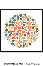 Vector graphic of Ishihara color test or Color blind test design. The Letter M cunningly hid inside an Ishihara inspired design. A color blindness test shaped color test plate with the Letter M.
