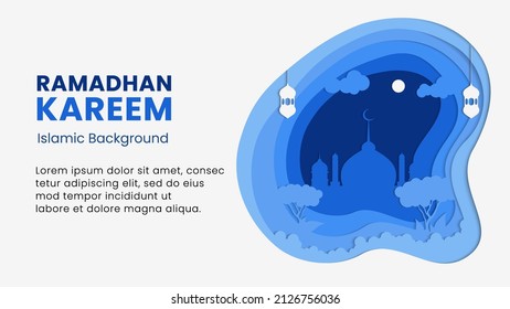 Vector graphic of Islamic background using paper cut out style with blue and white color scheme. Perfect for Ramadhan Kareem greeting card