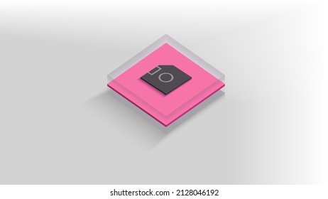 Vector graphic of isometric floppy disk using black, grey and pink color scheme. And also using glass effect transparent. Perfect for product mockup