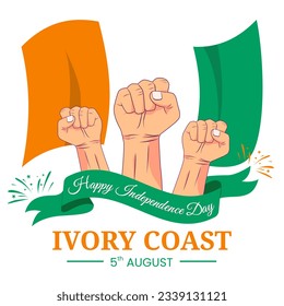 Vector graphic of Ivory Coast Independence Day for greeting card with clenched fist, fireworks and ribbon
