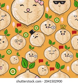 vector graphic of jicama kawaii. Cute jicama seamless pattern premium vector. Perfect for your background, textile product, print on demand