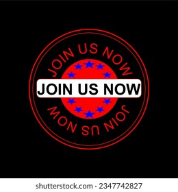 Vector graphic of Join Us Now web button - round active element with text frame and pointing hand icon - website promo banner decoration etc.