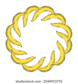 Vector graphic jungle circle round frame with yellow bananas. Template space for text. Greeting cards, invitation, gender party, baby shower, birthday, event, holiday, wedding card.

