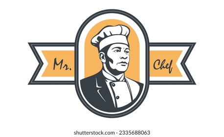Vector graphic label. Portrait of a brutal mr. chef in a hat of cook. White isolated background.